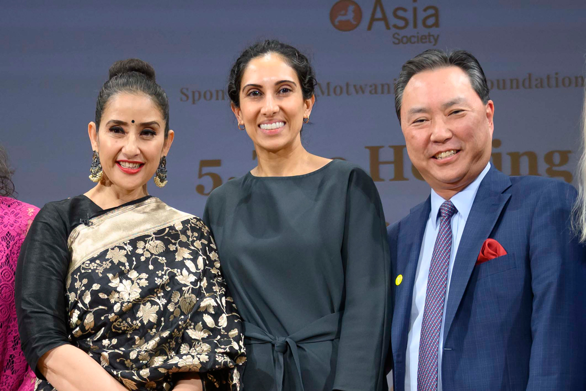Manisha Koirala with Memorial Sloan Kettering gynecologic surgeon Dennis Chi and medical oncologist Vicky Makker.